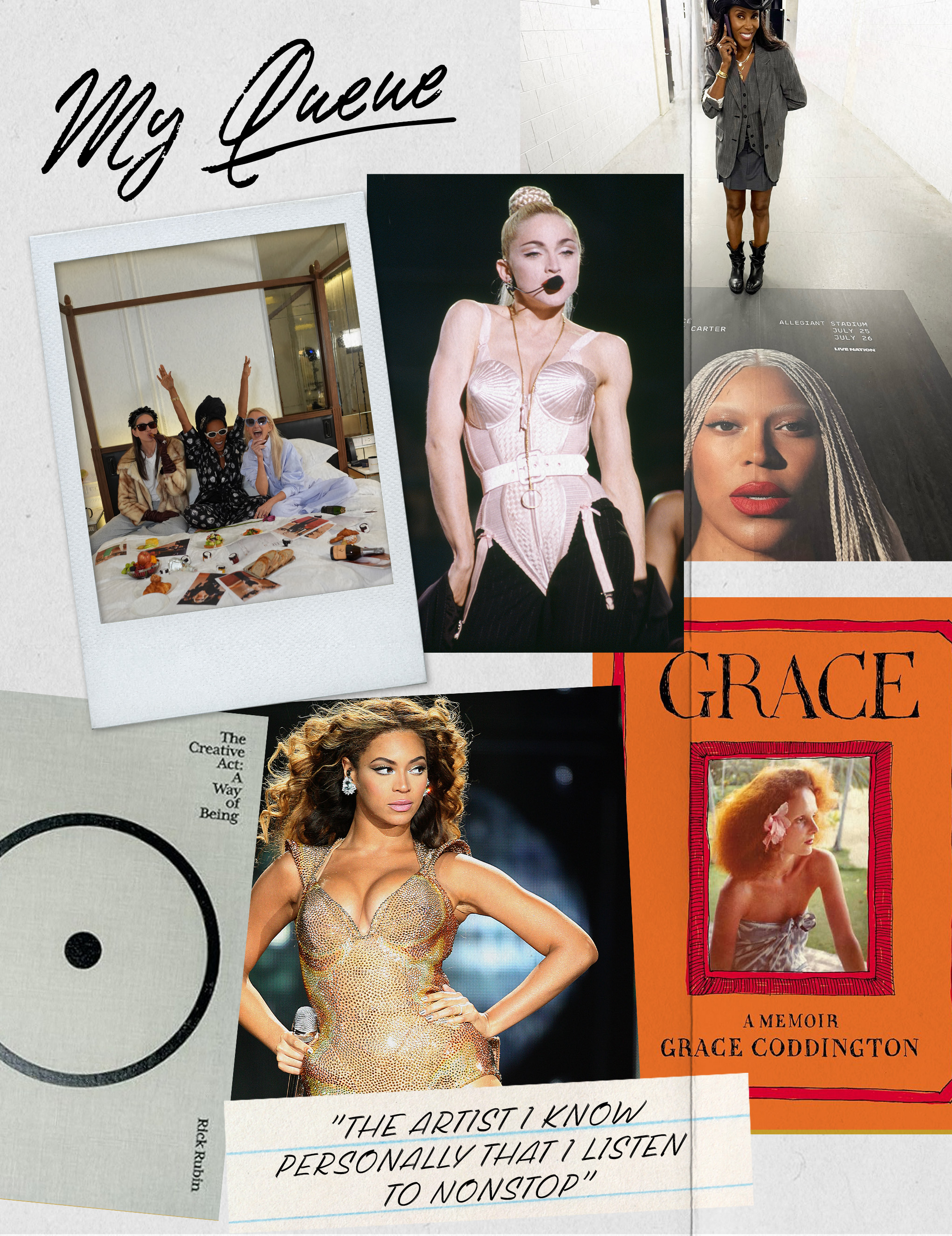 Collage of June Ambrose, books, and Madonna and Beyonc&amp;eacute; onstage.