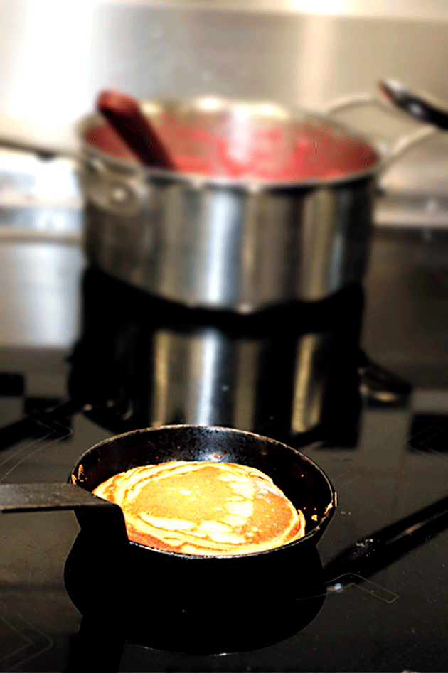 Rhubarb and apple compote and pancakes nearly ready