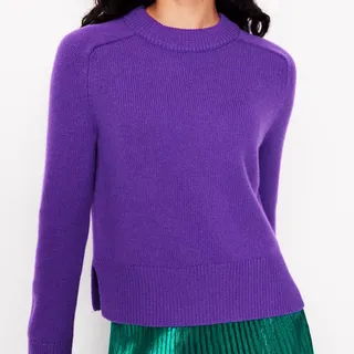 A purple cashmere jumper from Boden on a model