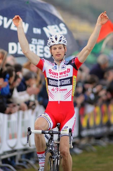 Kevin Pauwels (Sunweb-Napoleon Games) celebrates victory at the World Cup round in Rome.