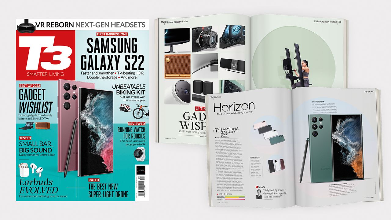 Cover of T3 issue 331 featuring the cover line &#039;First impressions: Samsung Galaxy S22&#039;.