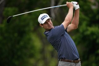 Harris English of the United States hits a tee shot on the sixth hole during the first round of the Charles Schwab Challenge at Colonial Country Club on May 23, 2024