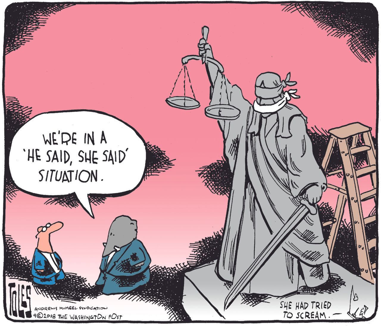 Political cartoon U.S. Brett Kavanaugh sexual assault allegations Supreme Court hearing Lady Justice GOP