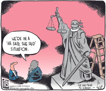 Political cartoon U.S. Brett Kavanaugh sexual assault allegations Supreme Court hearing Lady Justice GOP