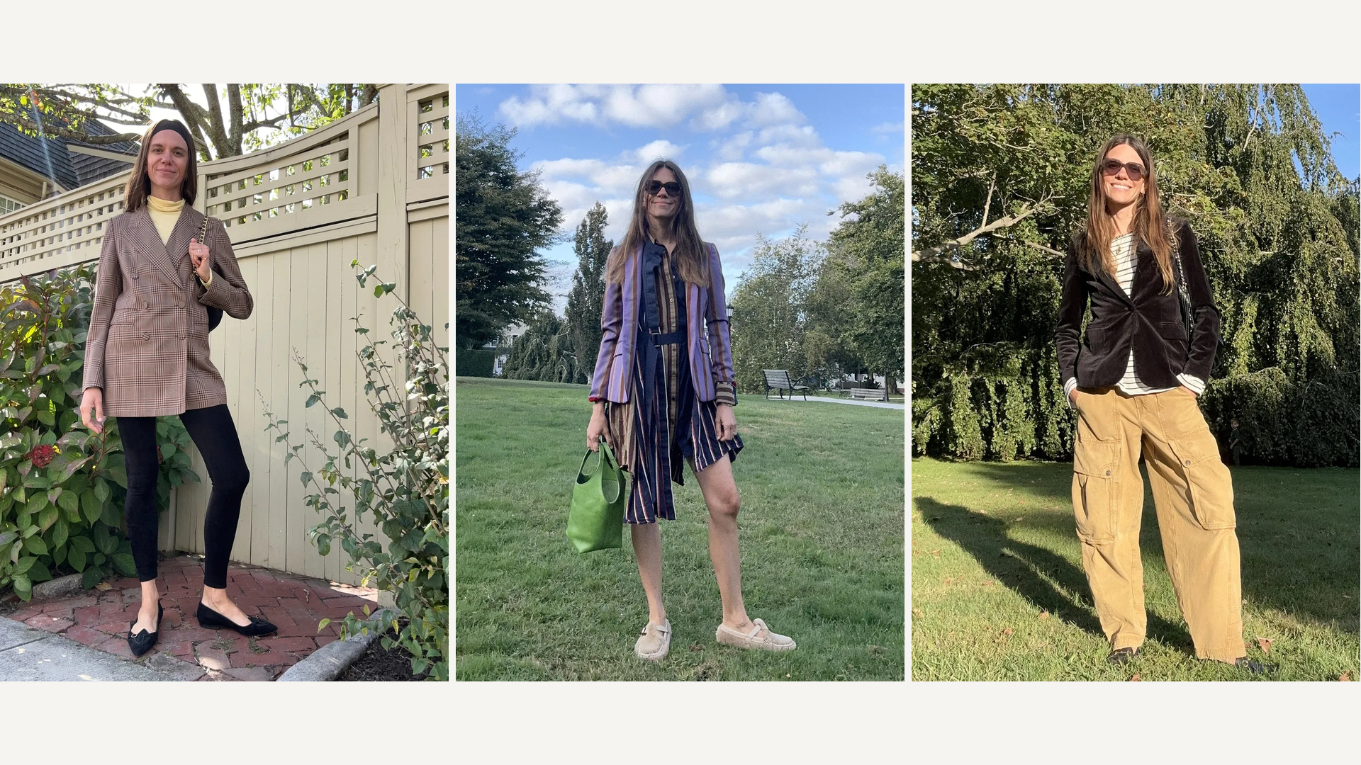 Three Style at Large outfits featuring a plaid blazer with black pants, a striped layered look with a green tote, and a black velvet blazer with wide-leg cargo pants.