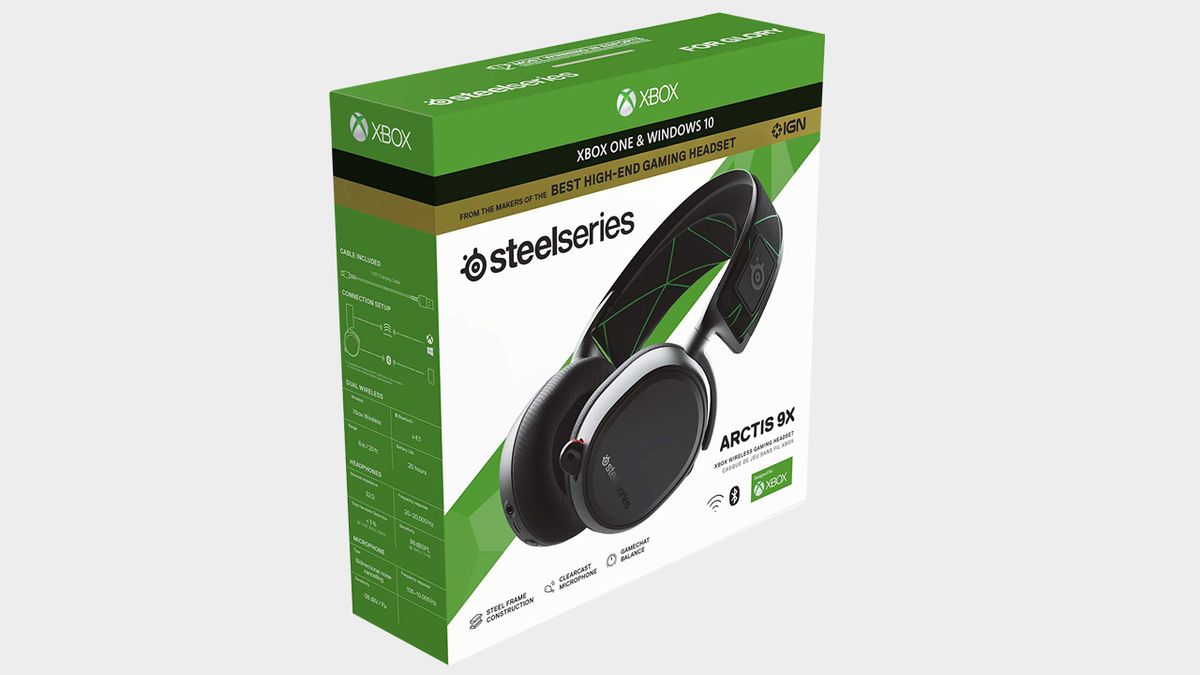Image of the a black, white and green headset box with a plain background.
