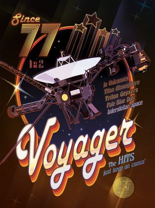 A free Voyager poster from a design team at NASA's Jet Propulsion Laboratory honors the decade in which the probes launched