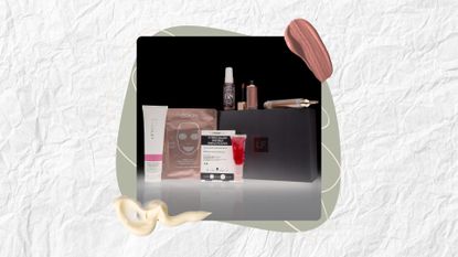 Image of the Lookfantastic Black Friday Edit and its contents on a white textured background, with a sage green circle motif, plus cream and lipstick product swatches