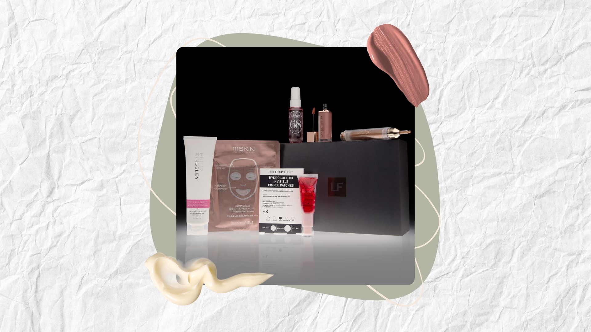 Image of the Lookfantastic Black Friday Edit and its contents on a white textured background, with a sage green circle motif, plus cream and lipstick product swatches