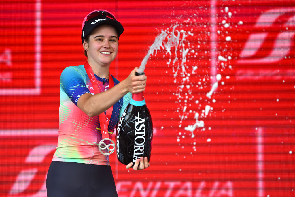 BLOCKHAUS, ITALY - JULY 13: Neve Bradbury of Australia and Team Canyon//SRAM Racing celebrates at podium as stage winner during the 35th Giro d'Italia Women 2024, Stage 7 a 120km stage from Lanciano to Blockhaus 1654m / #UCIWWT / on July 13, 2024 in Blockhaus, Italy. (Photo by Luc Claessen/Getty Images)