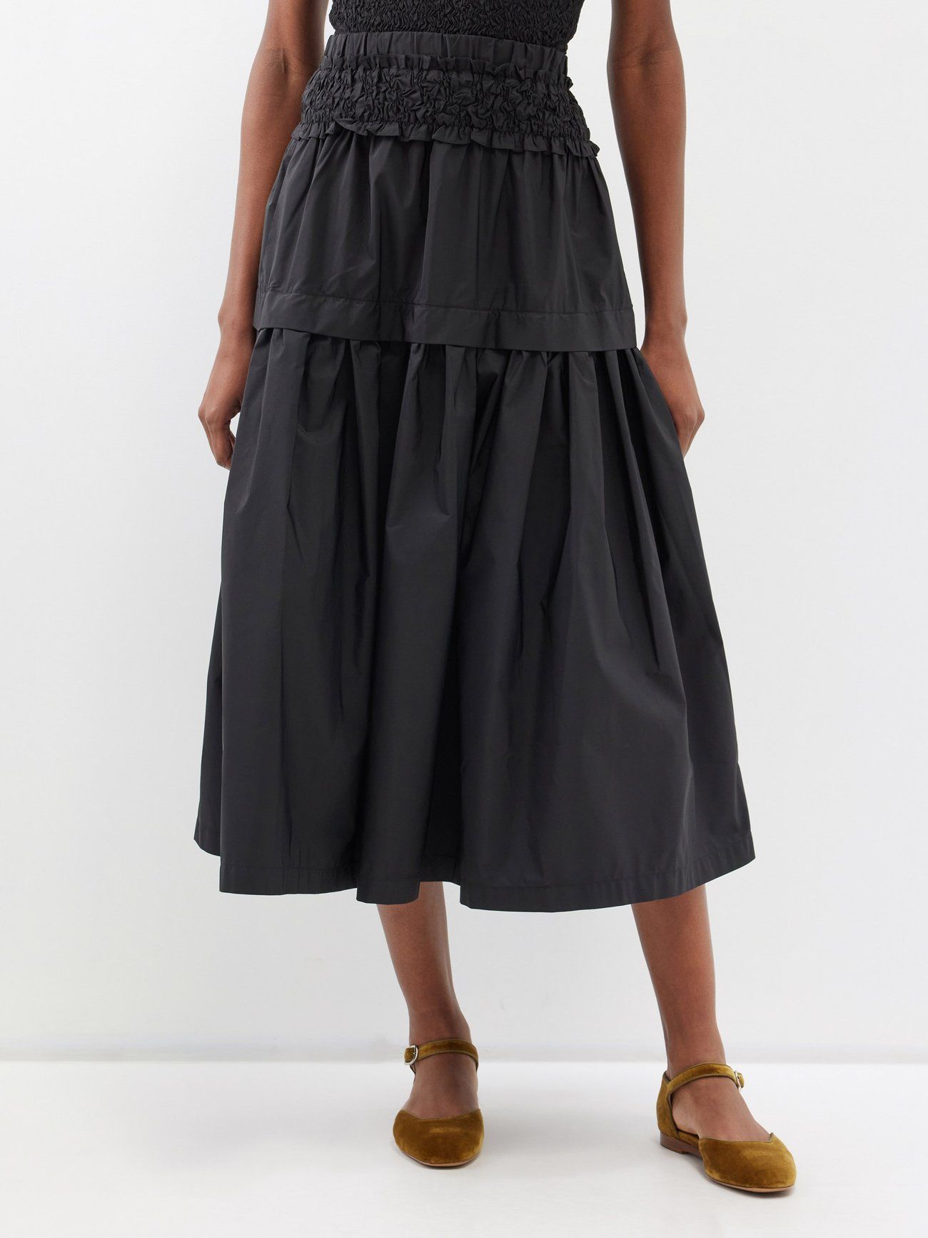 Diana Smocked-Waist Taffeta Midi Skirt