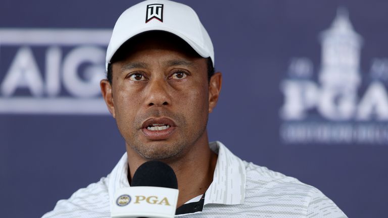 Tiger Woods speaks to the press before the 2022 PGA Championship