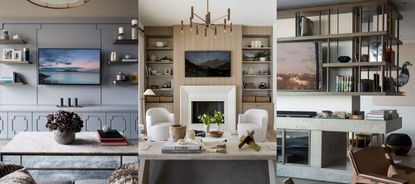 Three examples of tv stand ideas, blue bespoke cabinetry with tv mounted on top. Living room with fireplace, two lounge chairs, coffee table, tv mounted on wall above, chandelier. Close up of large shelving unit with TV.