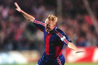 Ronald Koeman celebrates a goal for Barcelona against Porto in April 1994.