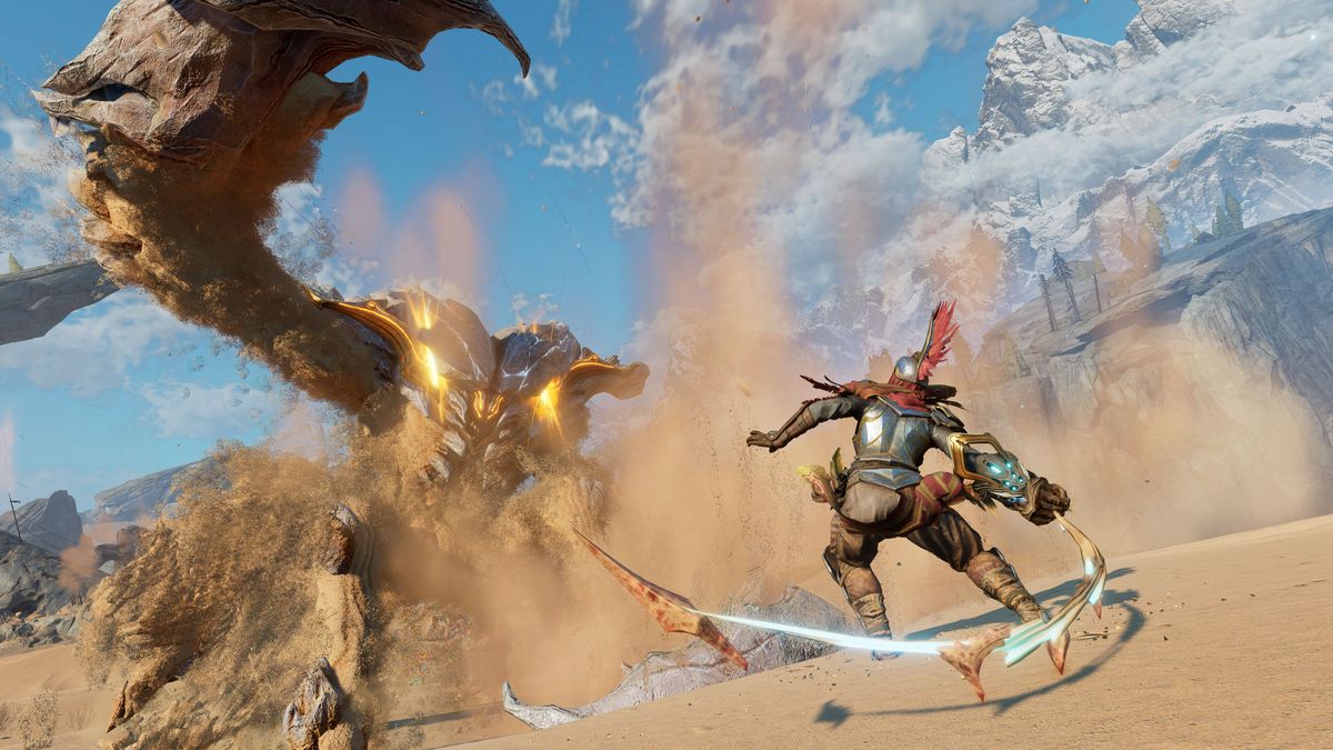 The hero battles a monster in Atlas Fallen.