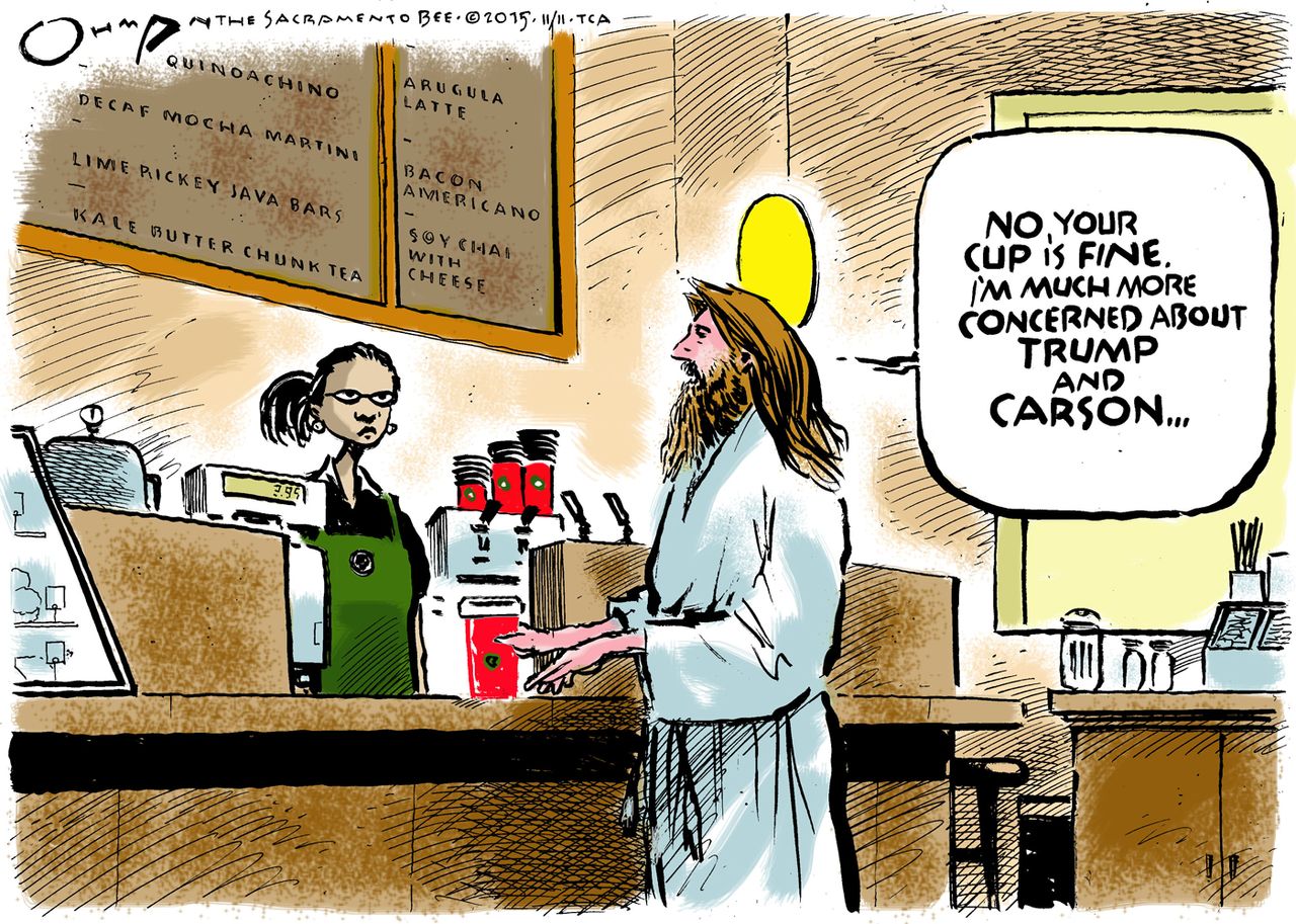 Editorial cartoon U.S. Starbucks Cup Homelessness