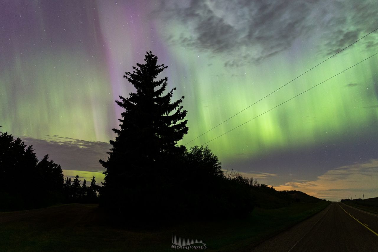 northern lights appearing as huge curtains of green light rippling along the sky.
