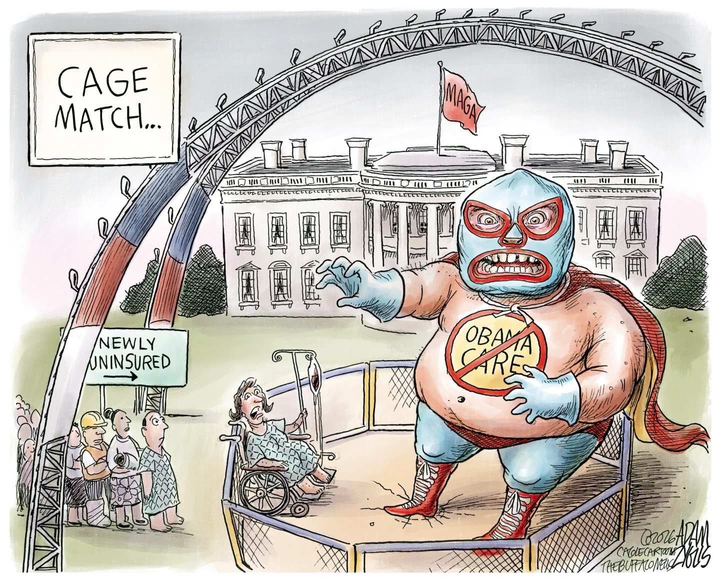 This cartoon is set outside the White House in a UFC ring and is titled &amp;ldquo;Cage Match&amp;hellip;&amp;rdquo; A masked wrestler towers over a woman in a wheelchair who is hooked to an IV. The wrestler has an anti-Obama care symbol on his chest. The woman is terrified and has just come from a longer line of newly uninsured people waiting to enter the ring.