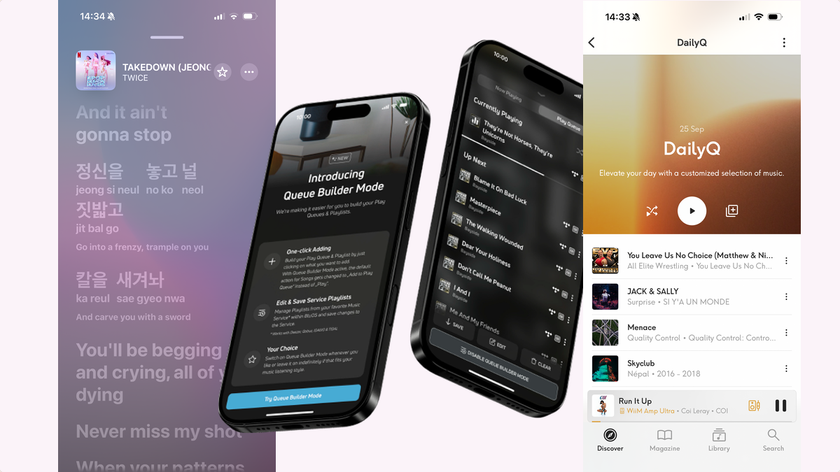 Composite image showing screenshots of Apple Music, BluOS and Qobuz apps