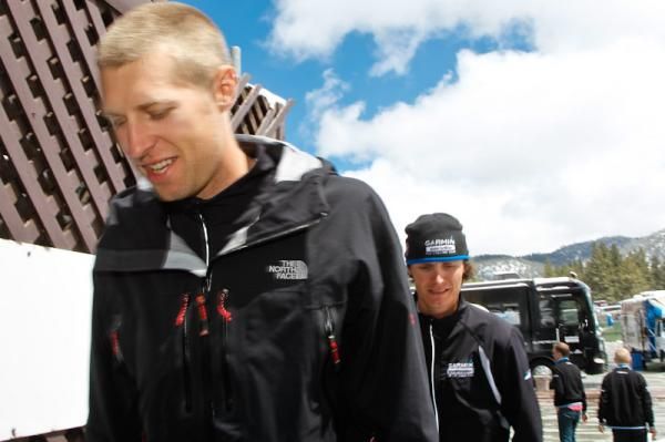 Ryder Hesjedal leads Paris-Roubaix winner Johnan Van Summeren back to the hotel after a breakfast prepared by a team chef. This is Van Summeren's second visit to the US; his first was a family visit to California when he was 13.