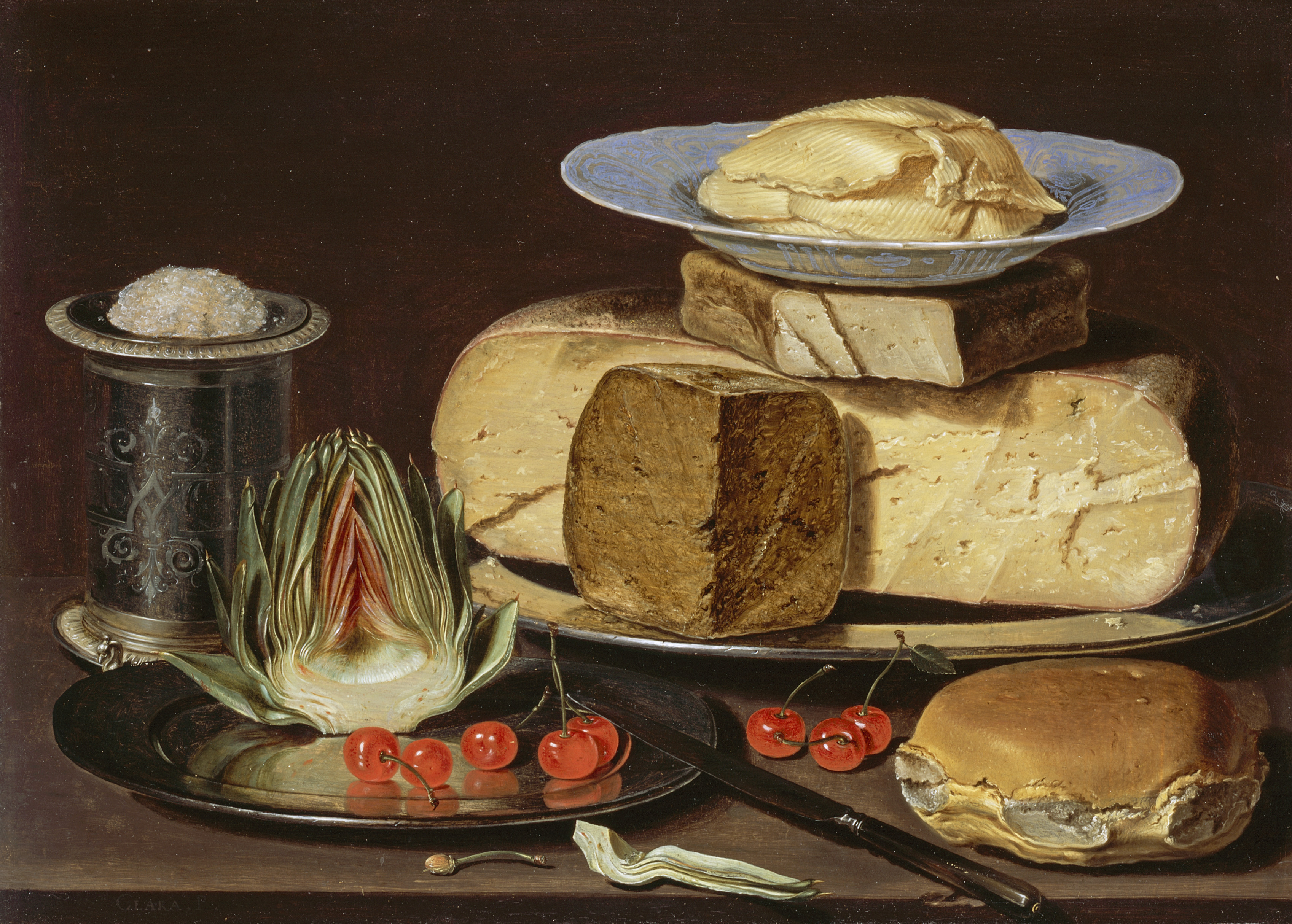 lara Peeters, Still Life with Cheeses, Artichoke, and Cherries, circa 1625