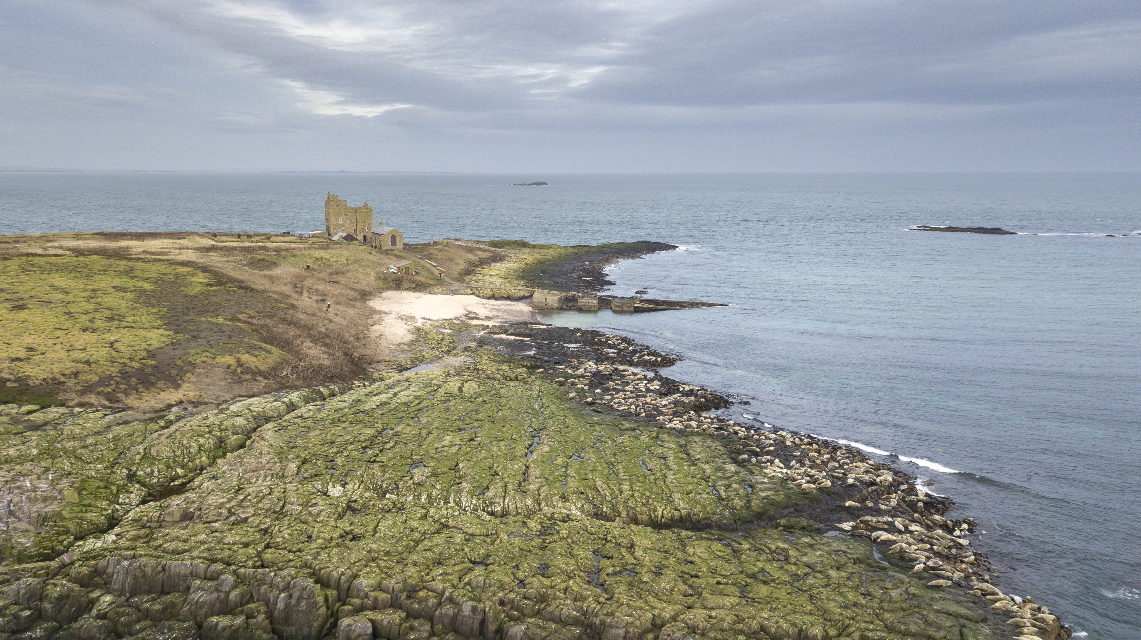 Aerial view of the medieval Pele Tower on Inner Farne