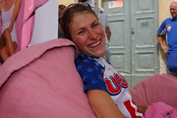 The 2010 Giro Donne winner - Mara Abbott (United States) waits to receive her ultimate maglia rosa.