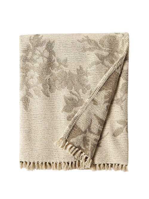 Woven Floral and Leaves Pattern Throw with Fringe