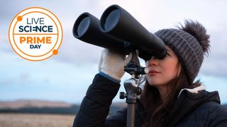 woman using astronomy binoculars on a tripod