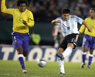 Juan Riquelme scores for Argentina against Brazil in June 2005.