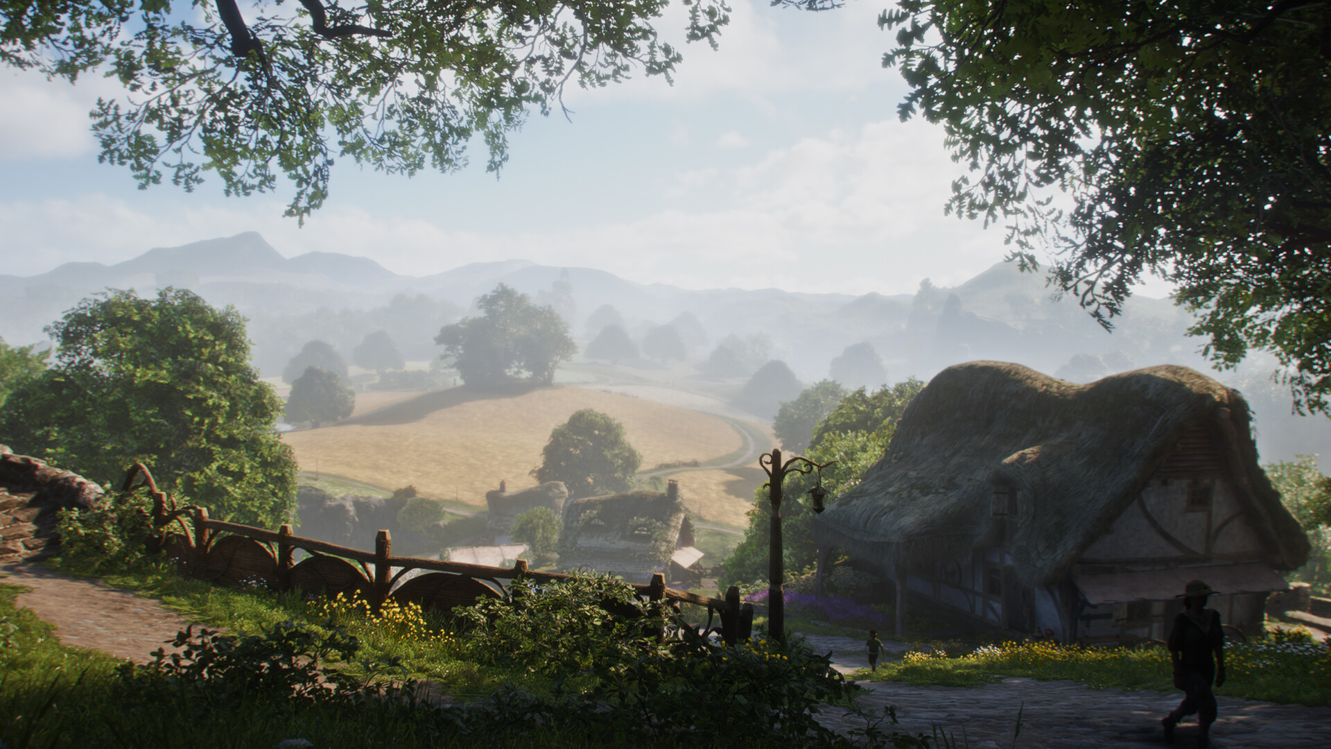 A lush countryside in Fable with a thatch-roofed cottage