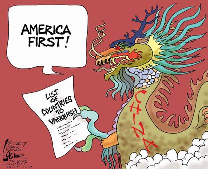 Political cartoon U.S. Trump America first China visit