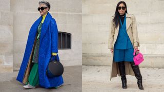 two women with different colored handbags