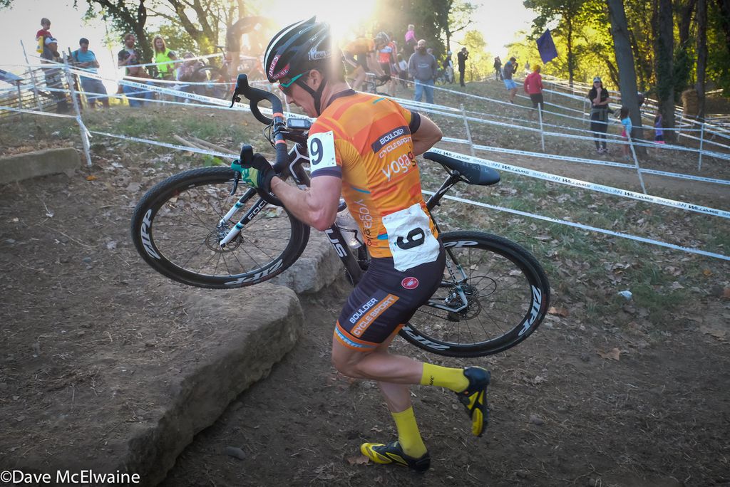 Allen Krughoff (Boulder Cycle Sport) running the limestone steps as the sun set behind him