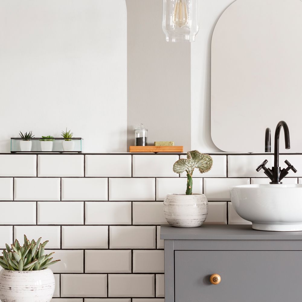 bathroom with white metro tiles