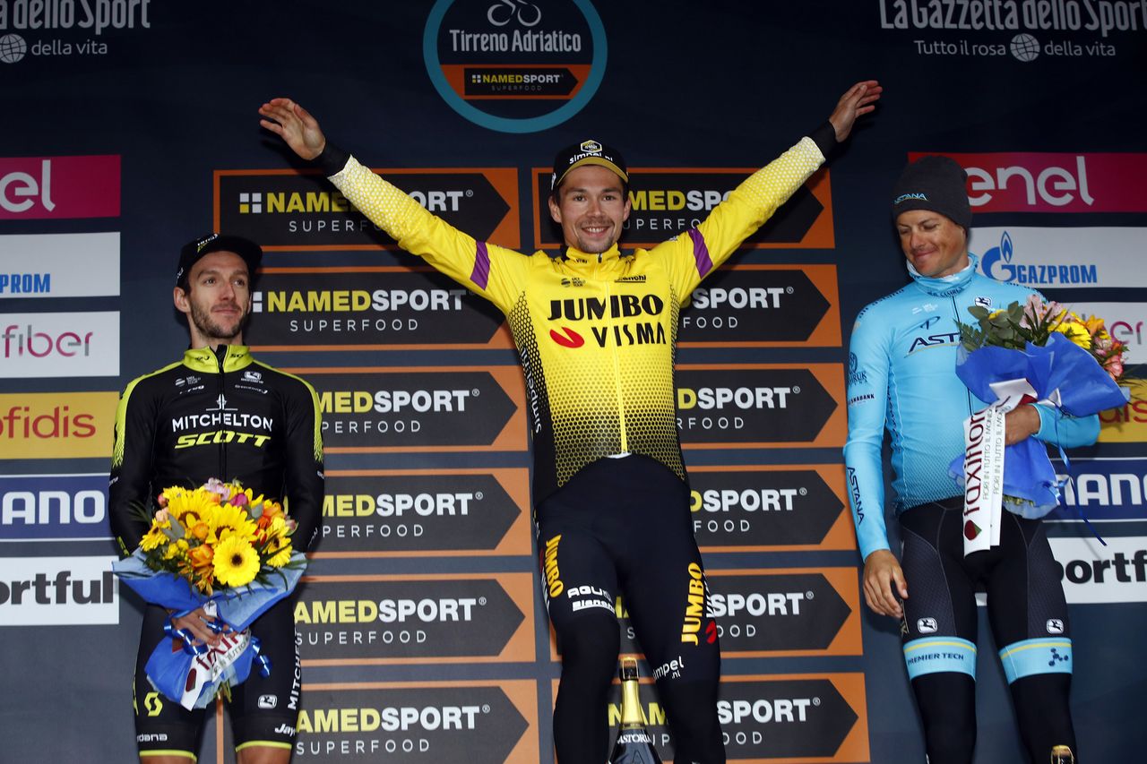 Former ski jumper Roglic celebrates with a nod to his old profession