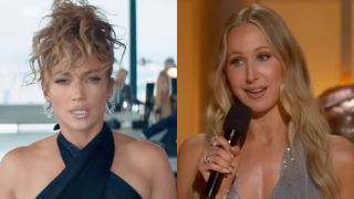 Jennifer Lopez and Nikki Glaser in a side-by-side photo.