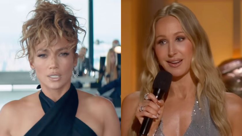 Jennifer Lopez and Nikki Glaser in a side-by-side photo.