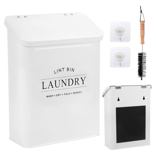 Les-Theresa Magnetic Lint Bin for Laundry Room, Magnetic Lint Box Container With Brush Dry Lint Holder Dryer Metal, Dryer Sheet Holder Laundry Room Organization and Storage 7.4x3.6x10.5inch (white-02)