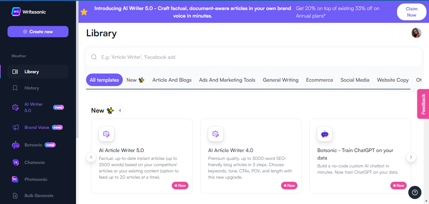 Website screenshot for Writesonic