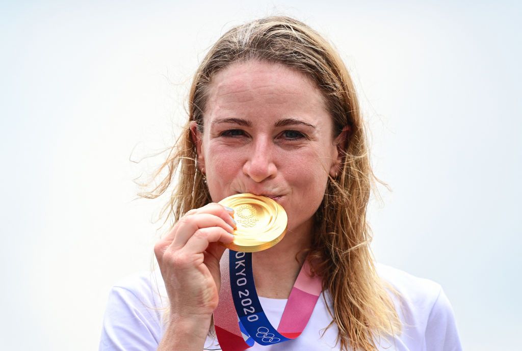 Gold medalist Netherlands Annemiek Van Vleuten celebrates on the podium of the womens cycling road individual time trial during the Tokyo 2020 Olympic Games at the Fuji International Speedway in Oyama Japan on July 28 2021 Photo by Ina FASSBENDER AFP Photo by INA FASSBENDERAFP via Getty Images