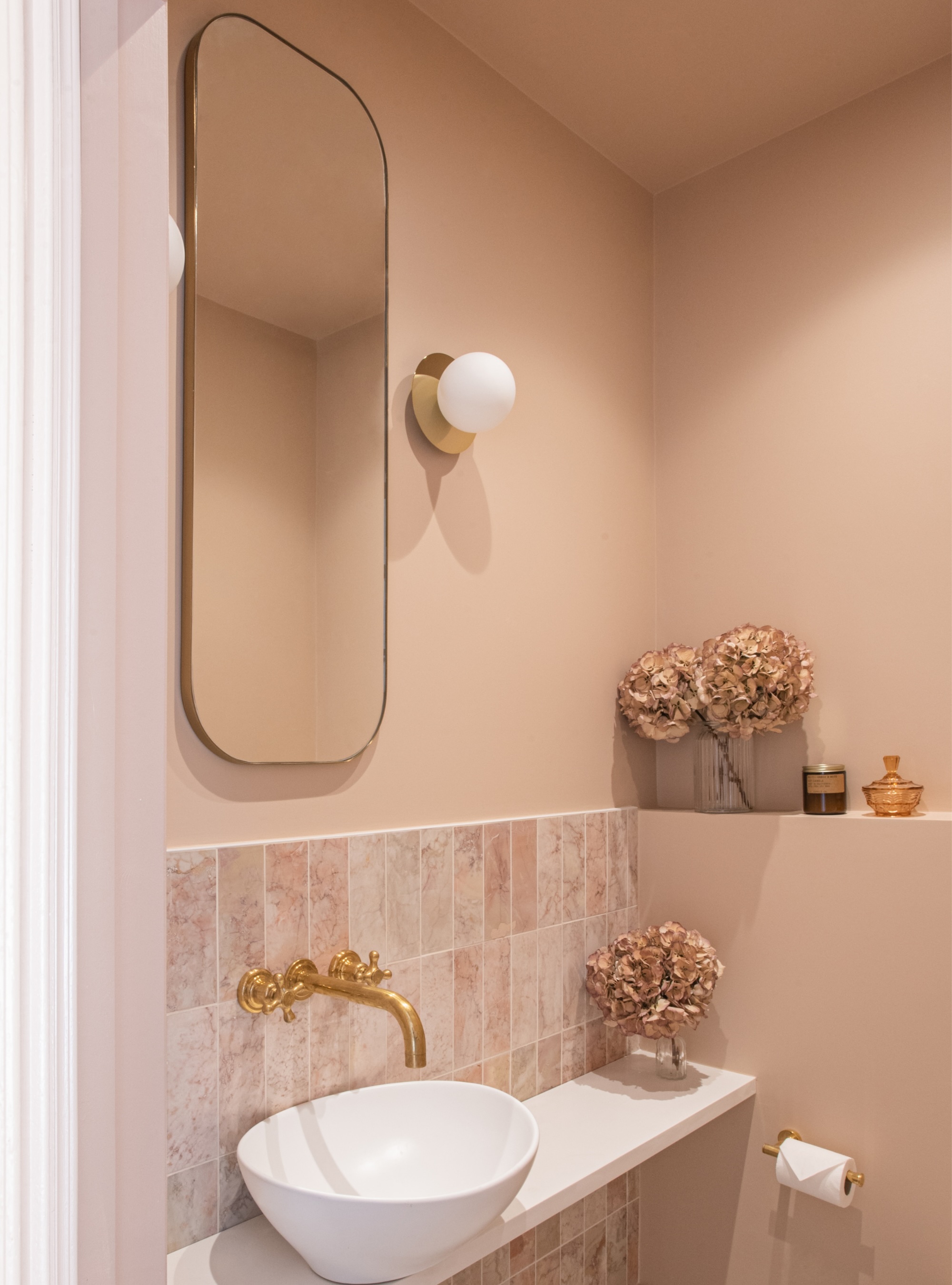 Pink bathroom painted in Farrow &amp;amp; Ball Pink Ground