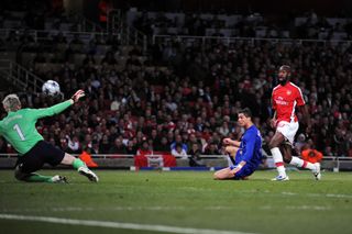 Cristiano Ronaldo scores for Manchester United against Arsenal at the Emirates Stadium in the Champions League in 2009.