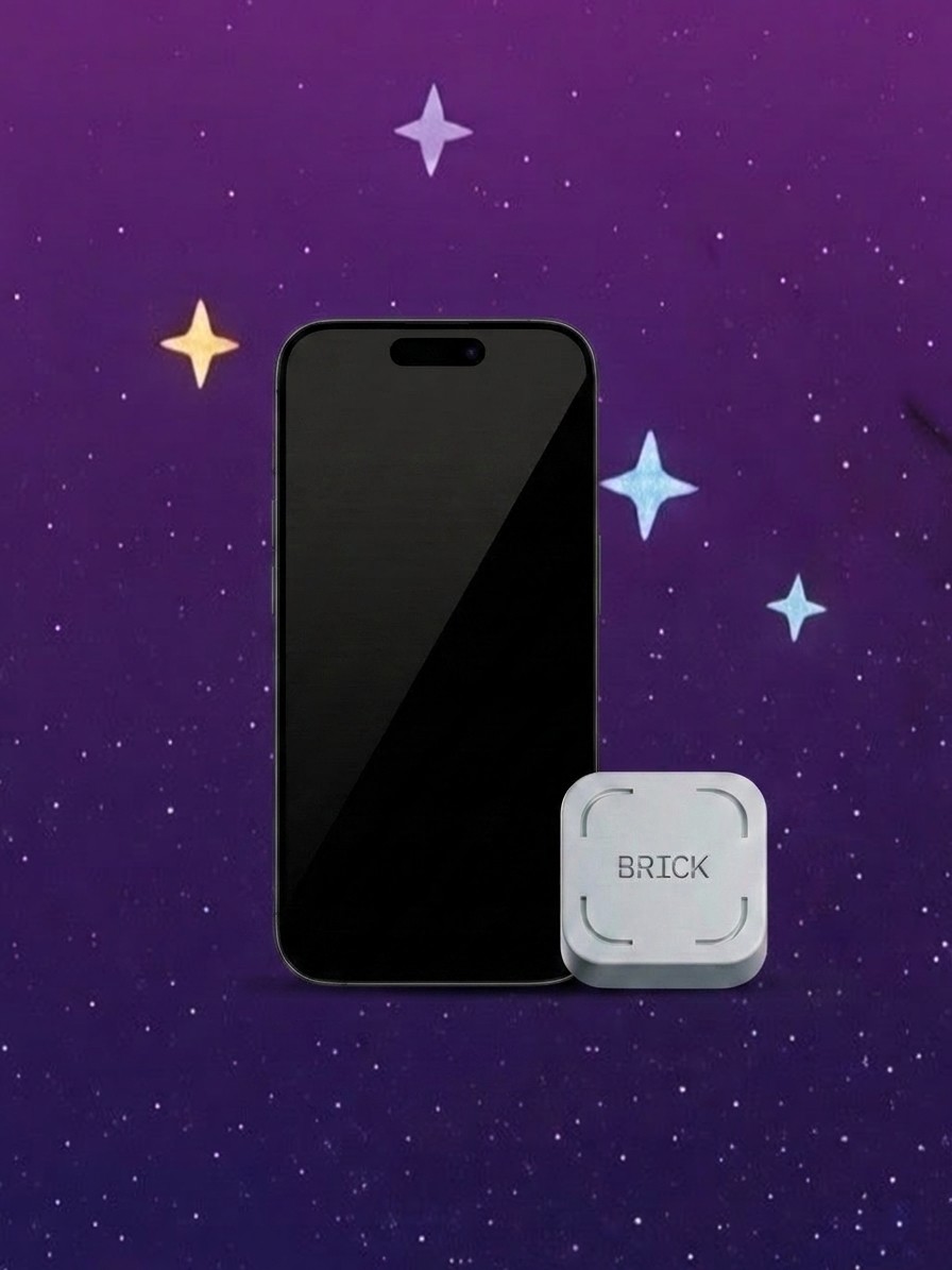 A smartphone and a Brick phone access blocker against a starry background edited by Gemini