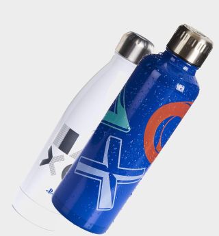 Two PS5-themed water bottles beside each other, against a plain background