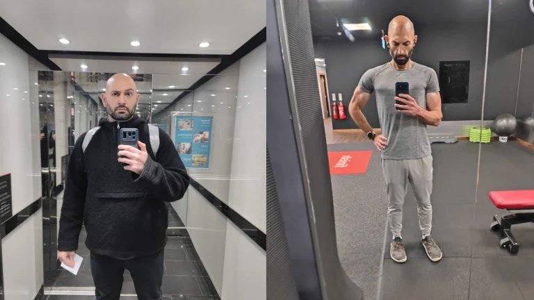 Two photos of a man standing in a gym