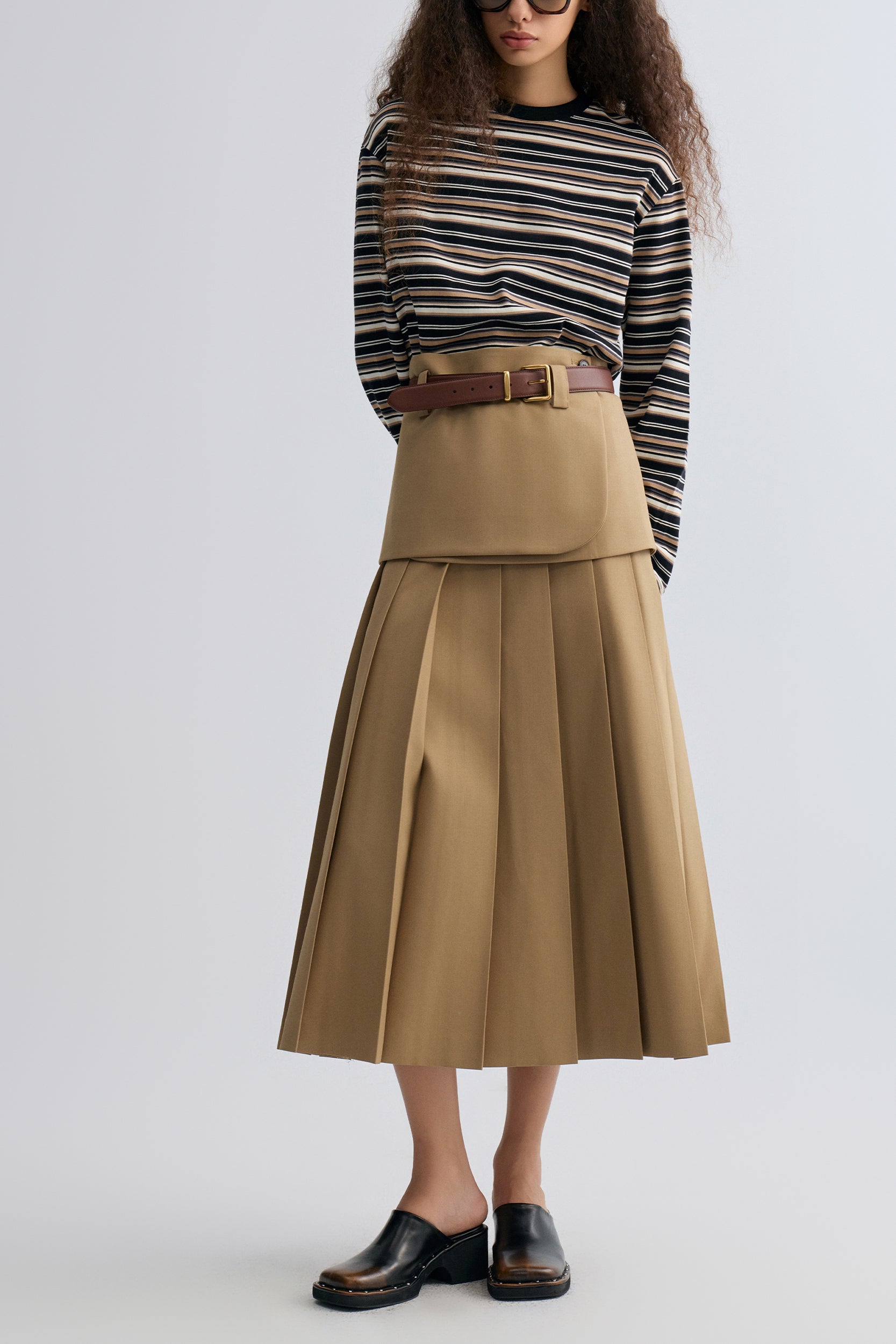 Double-Layered Pleated Gabardine Skirt Camel