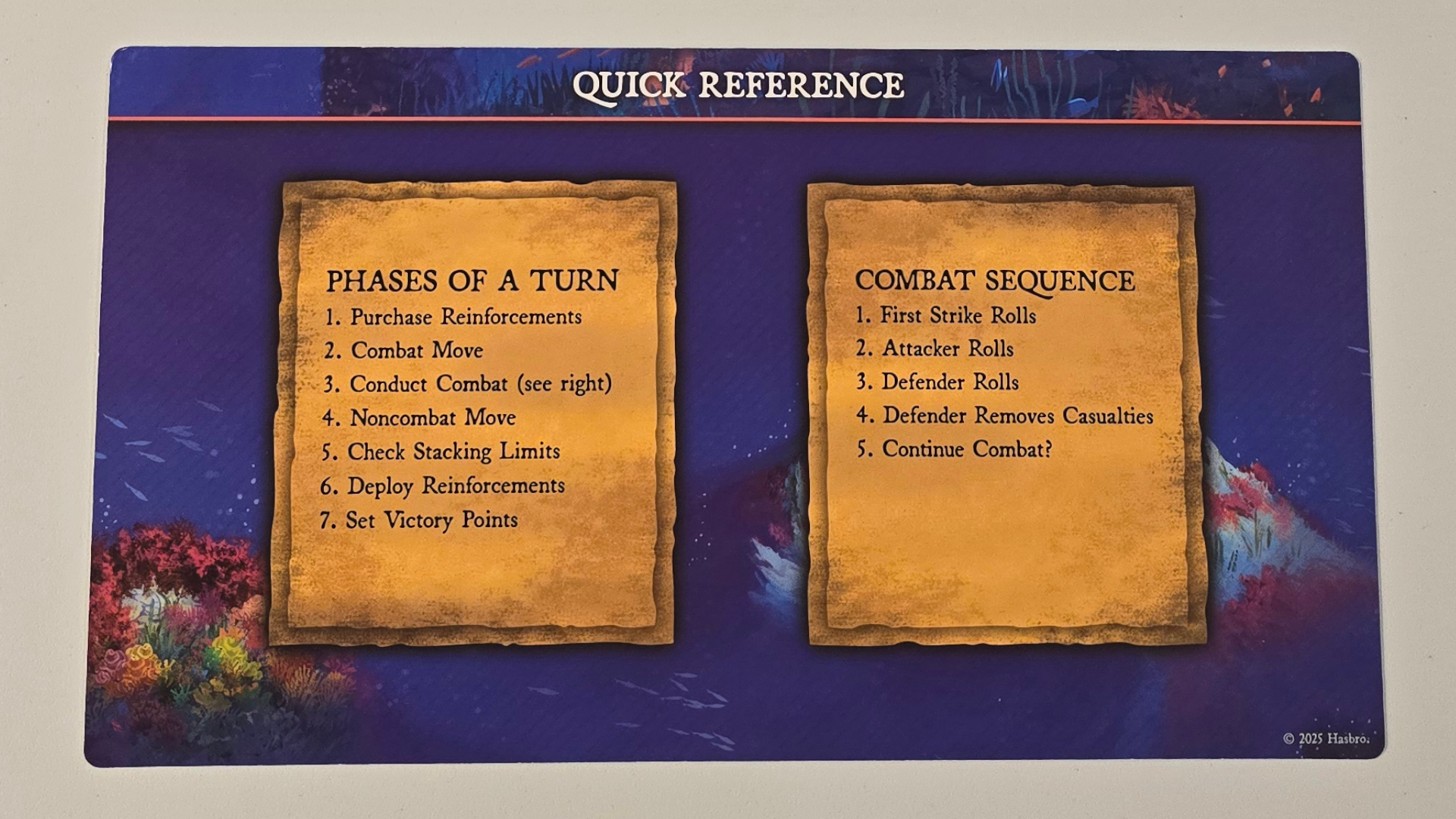 Battle for the Deep quick reference card laid out on a white table