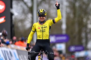 NINOVE BELGIUM FEBRUARY 24 EDITORS NOTE Alternate crop Jan Tratnik of Slovenia and Team Visma Lease A Bike celebrates at finish line as race winner during the 79th Omloop Het Nieuwsblad 2024 Mens Elite a 2022km one day race from Ghent to Ninove UCIWT on February 24 2024 in Ninove Belgium Photo by Luc ClaessenGetty Images