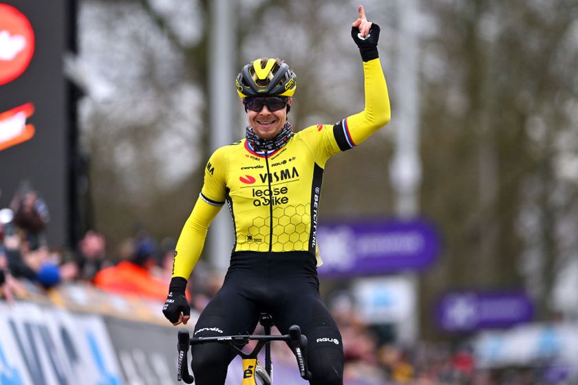 NINOVE BELGIUM FEBRUARY 24 EDITORS NOTE Alternate crop Jan Tratnik of Slovenia and Team Visma Lease A Bike celebrates at finish line as race winner during the 79th Omloop Het Nieuwsblad 2024 Mens Elite a 2022km one day race from Ghent to Ninove UCIWT on February 24 2024 in Ninove Belgium Photo by Luc ClaessenGetty Images